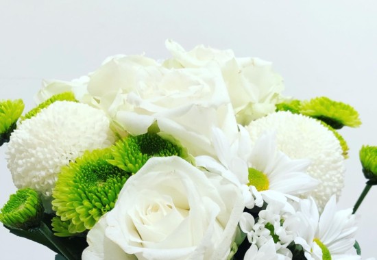 個展に頂いた三種の白い花「薔薇、菊、マーガレット」